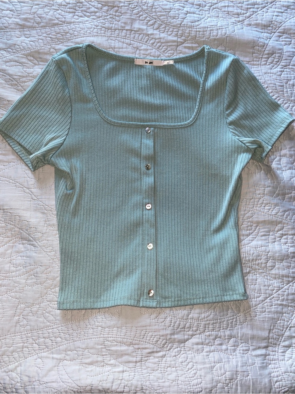 Mi Ami Ribbed Square-Neck Button-Front Top in Mint